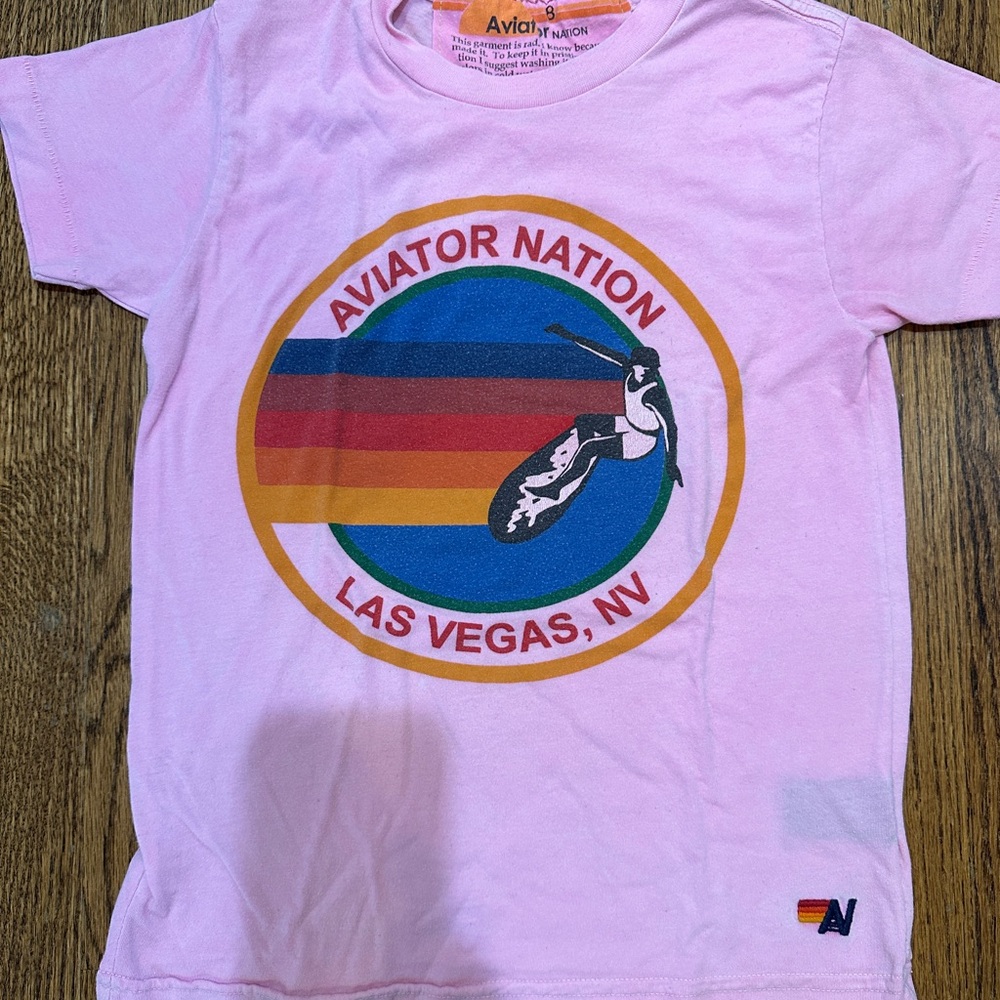 Aviator Nation Light Pink Kids Tee with Rainbow Graphic